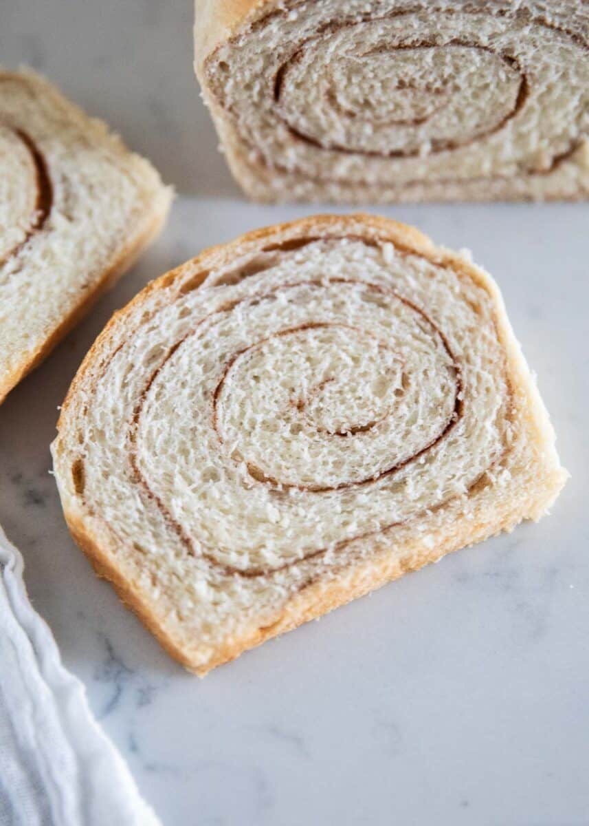 cinnamon swirl bread slice on table