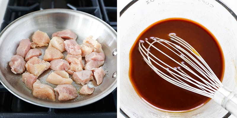 Making chicken and sauce.