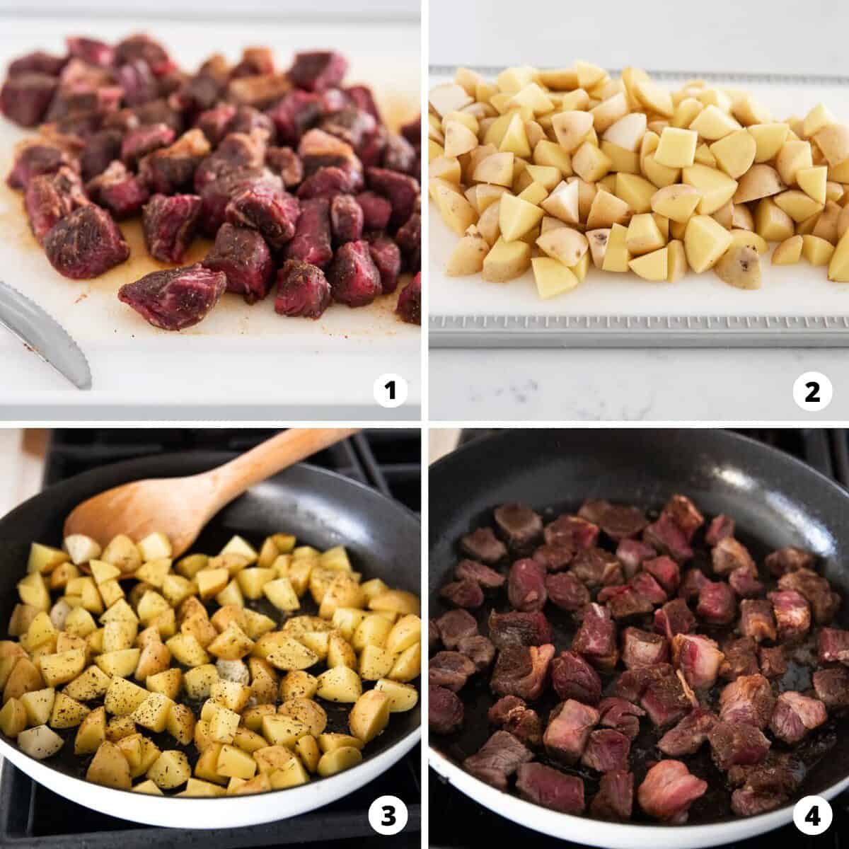 Step by step photo collage of how to make steak and potatoes.
