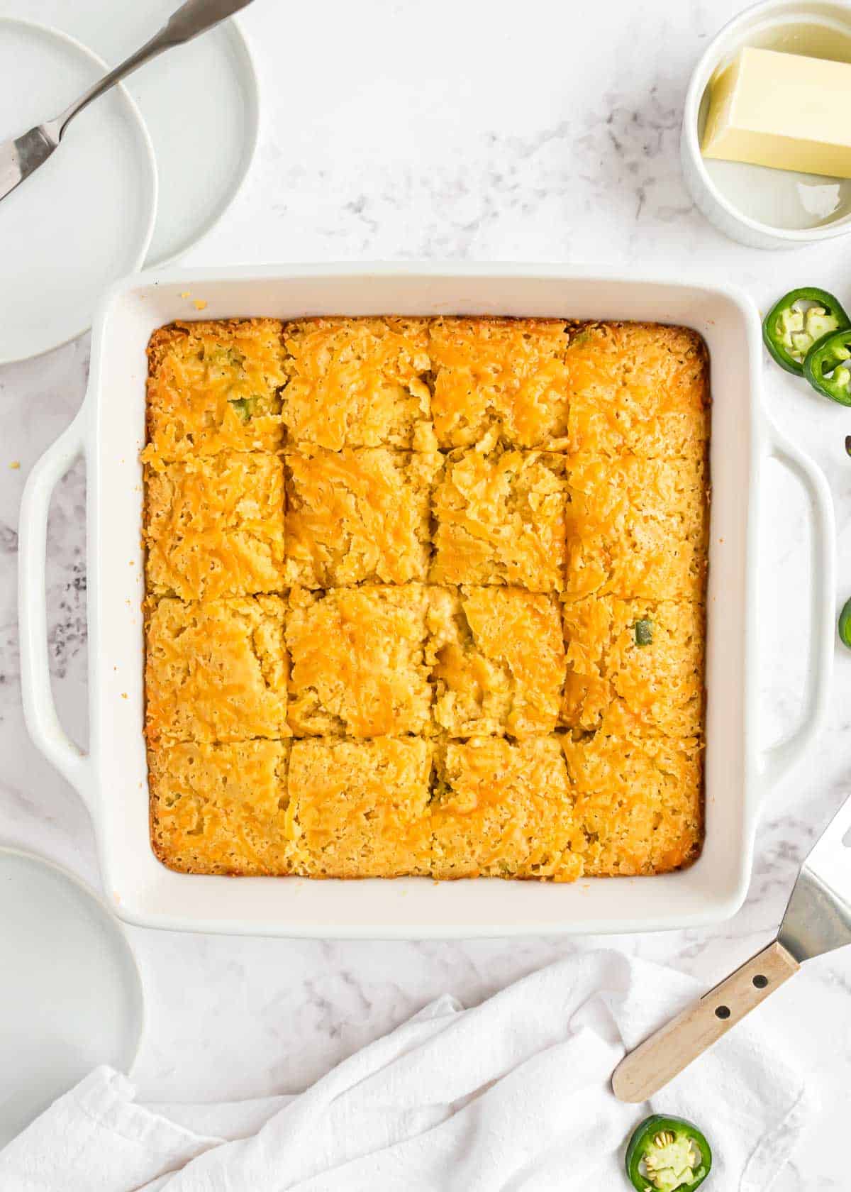 sliced cornbread in pan