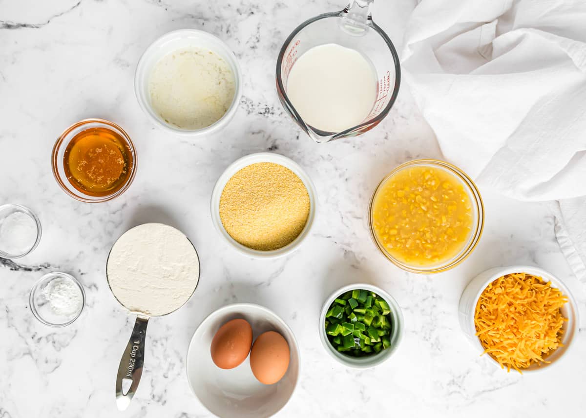 Cornbread ingredients on counter.