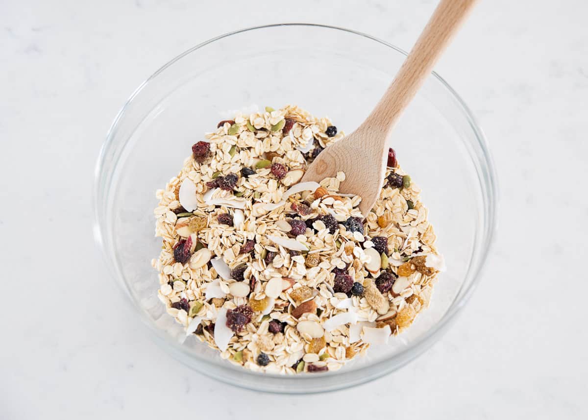 Muesli ingredients mixed in bowl.