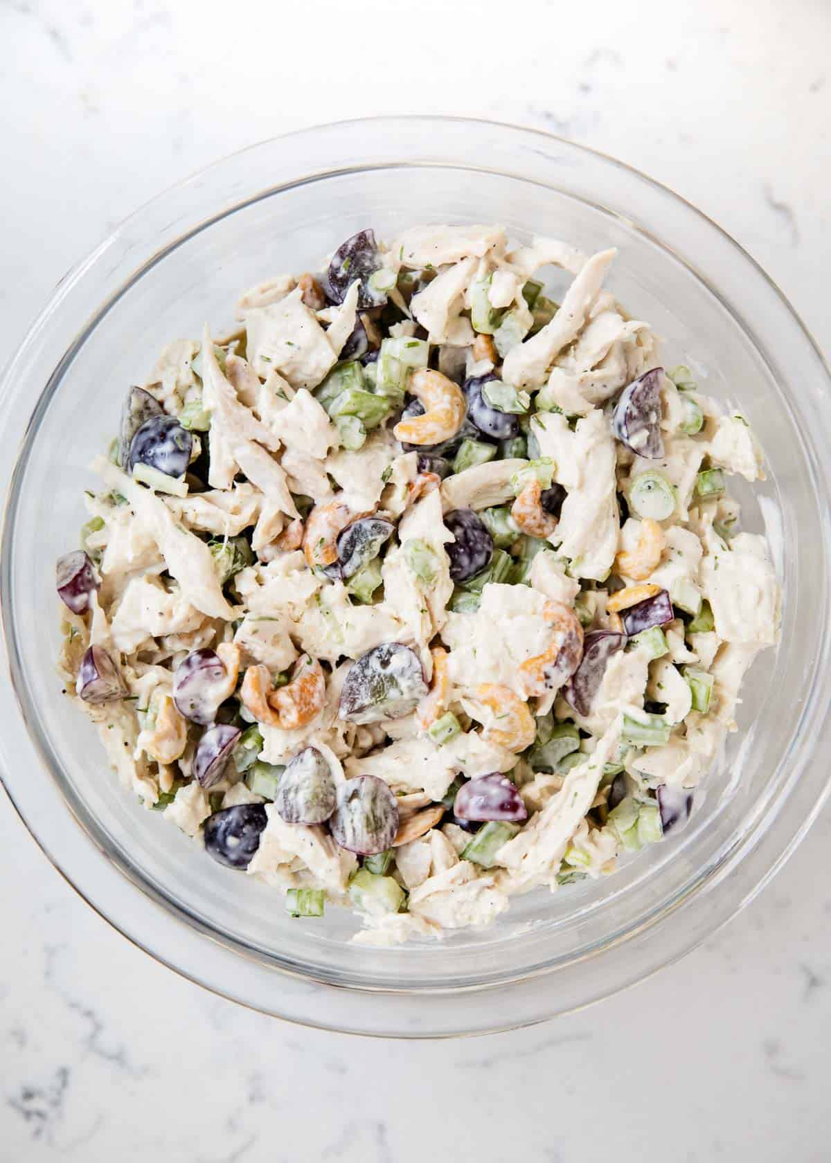 Chicken salad with grapes in bowl.