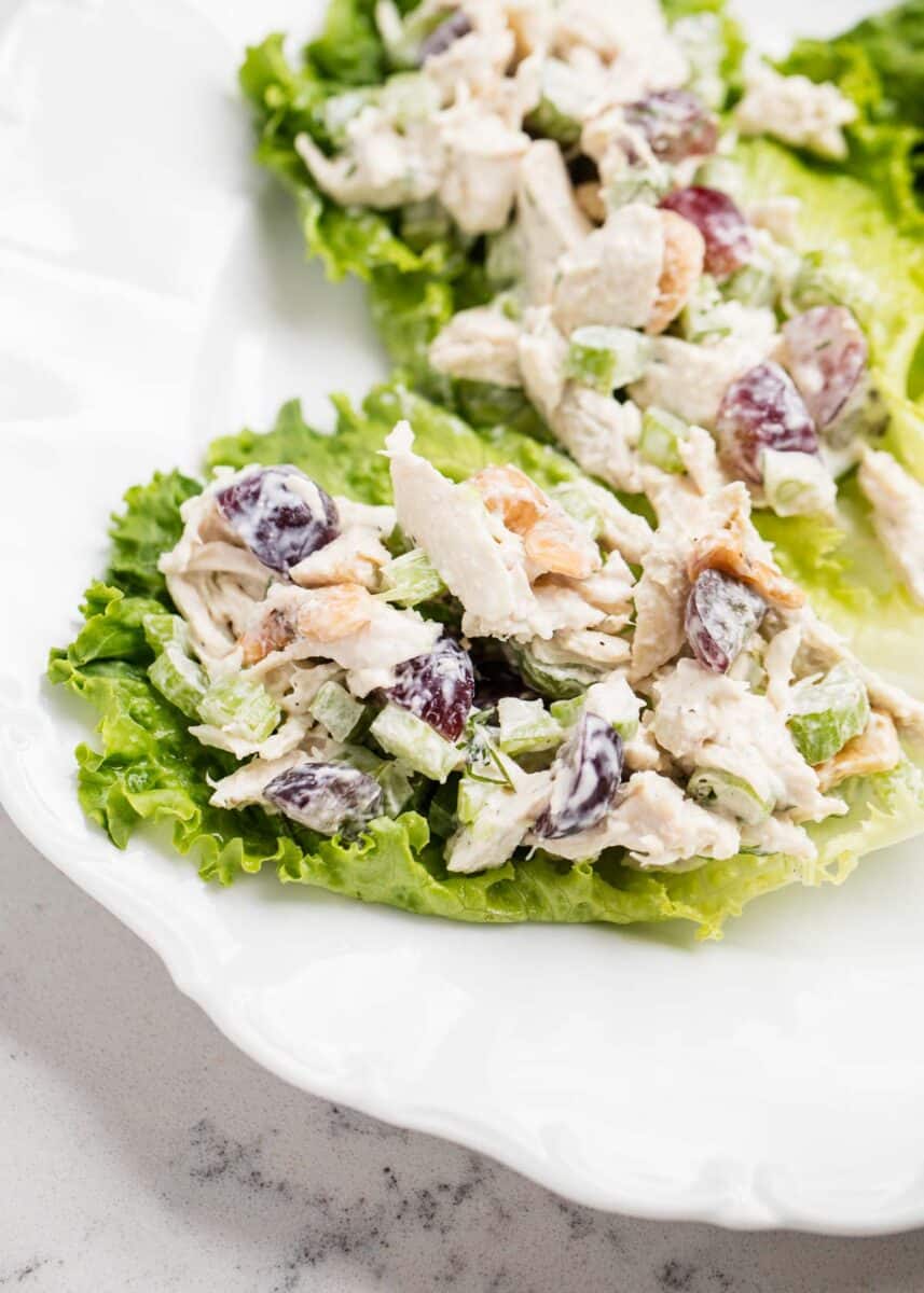 chicken salad on lettuce bed