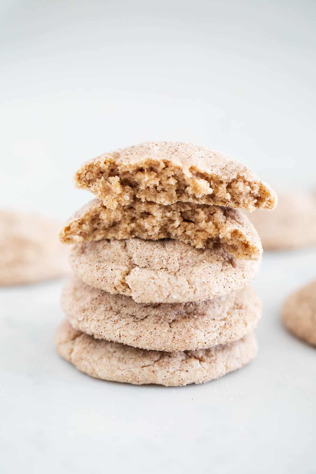 Snickerdoodle cake mix cookies stacked.