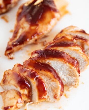 baked bbq chicken slices close up
