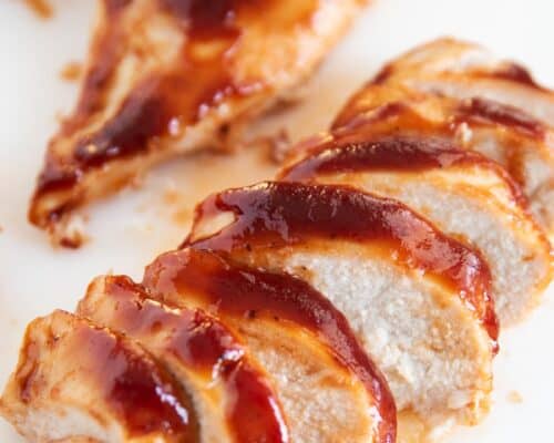 baked bbq chicken slices close up