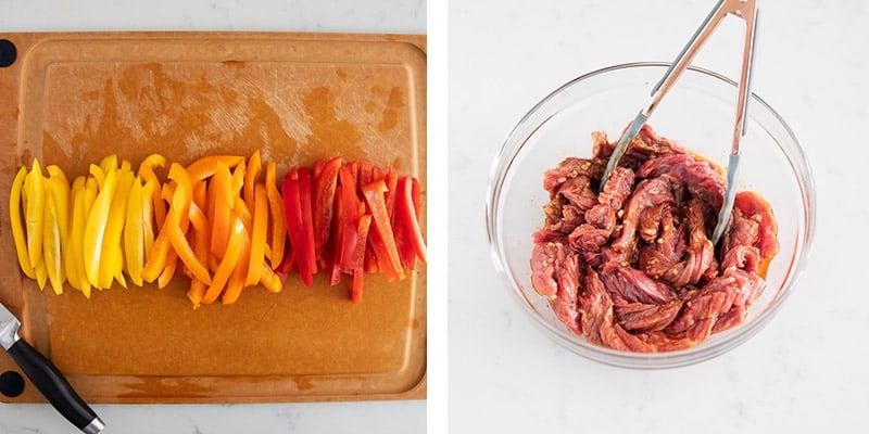 Sliced bell peppers and marinated steak strips.