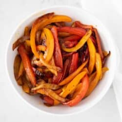 fajita veggies in white bowl