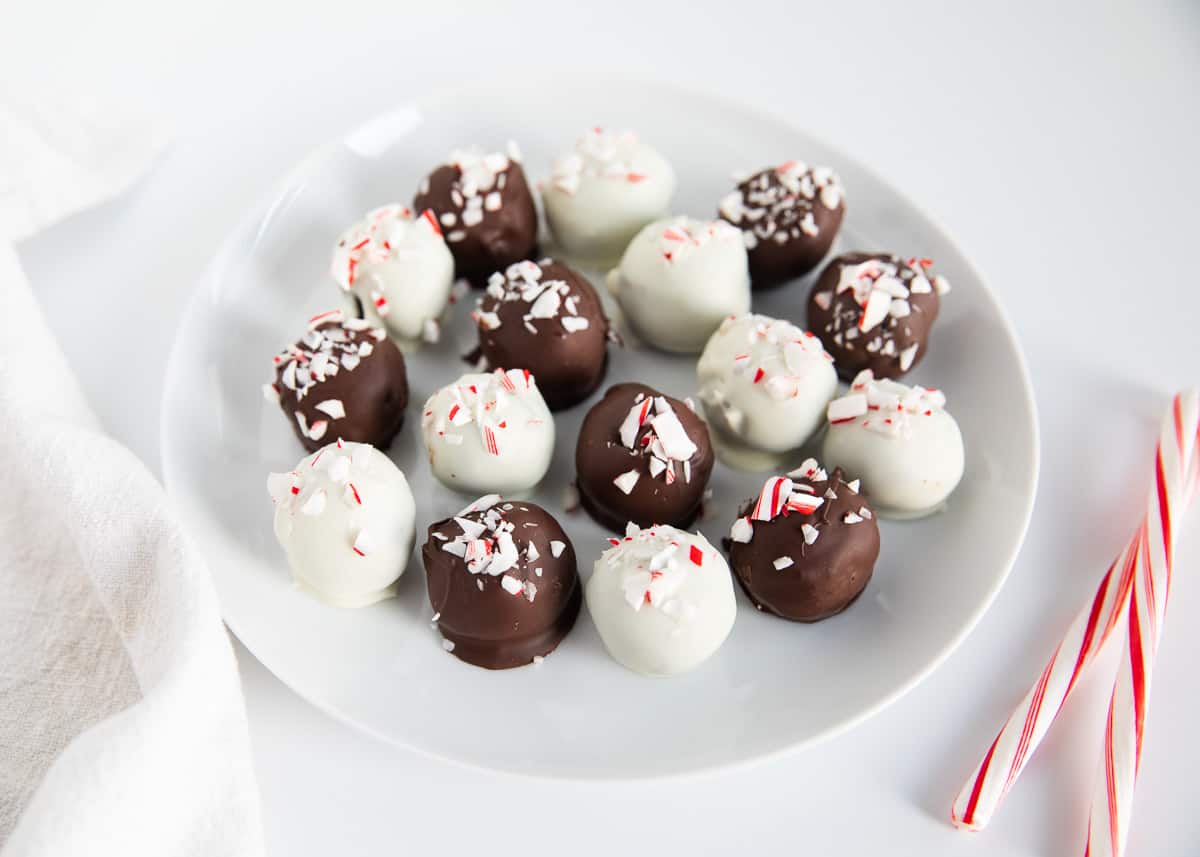 peppermint oreo balls on white plate