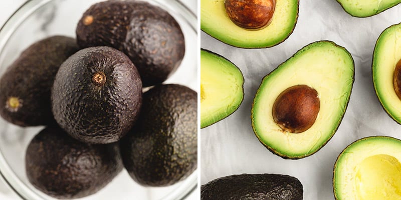 Avocados in bowl then cut in half.