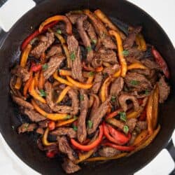 steak fajitas in pan