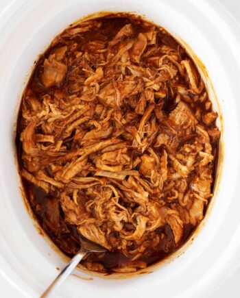 bbq pulled pork in white slow cooker