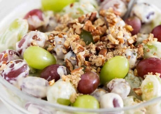 grape salad in clear bowl close up