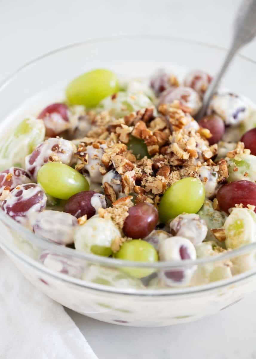 grape salad in clear bowl close up