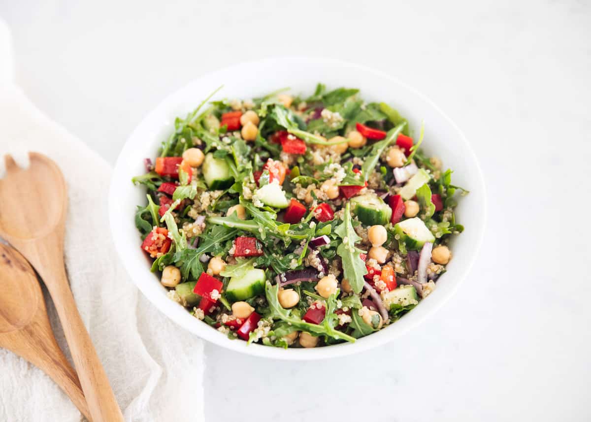 quinoa mediterranean salad ingredients in bowl