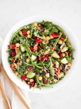 quinoa mediterranean salad ingredients in bowl