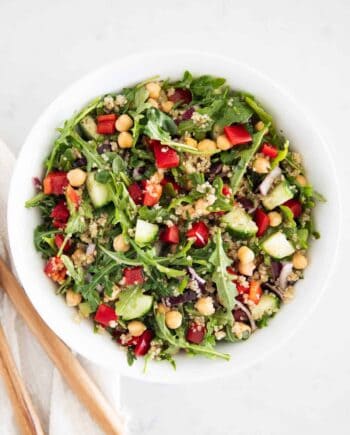 quinoa mediterranean salad ingredients in bowl