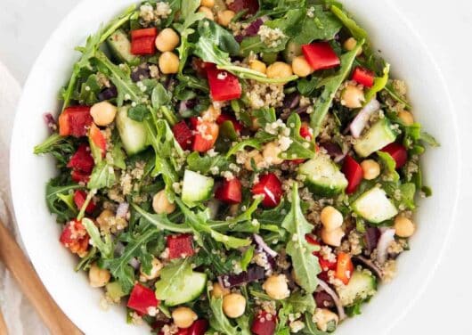 quinoa mediterranean salad ingredients in bowl