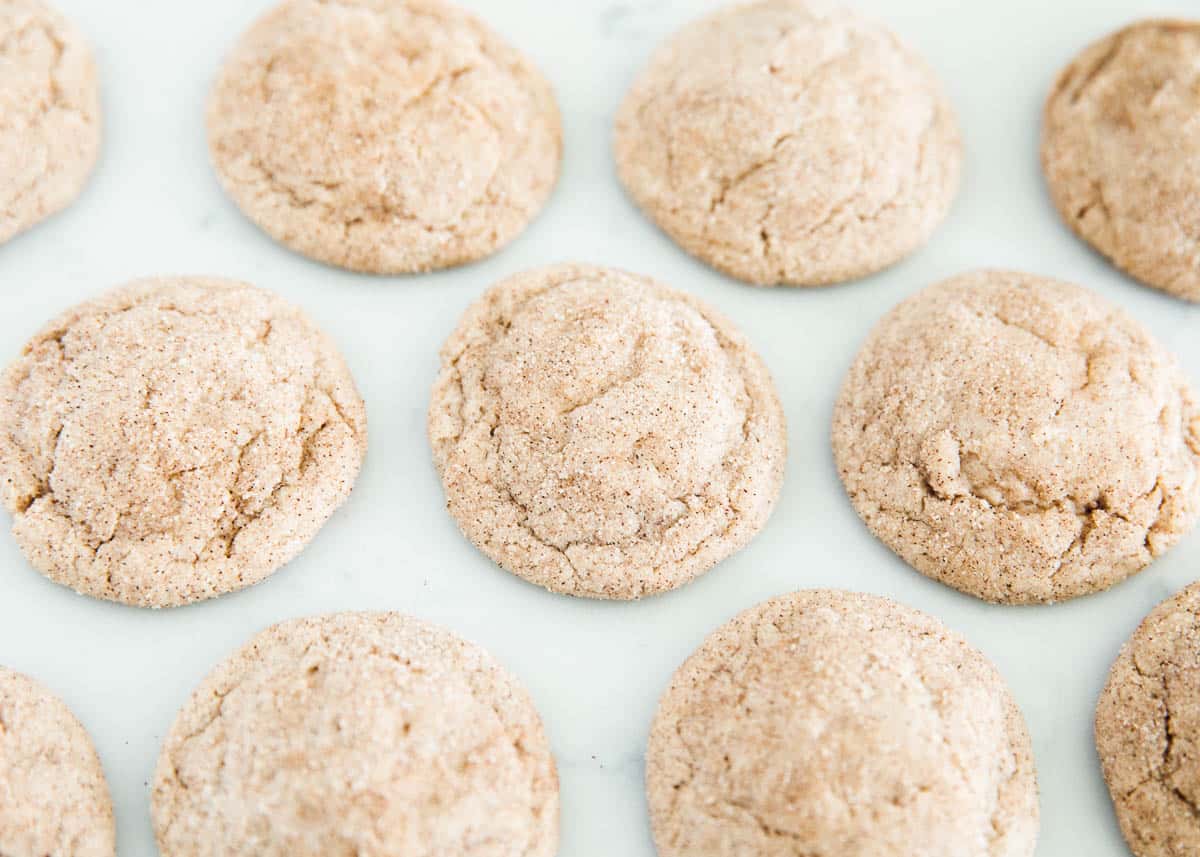 Snickerdoodle cake mix cookies on table.