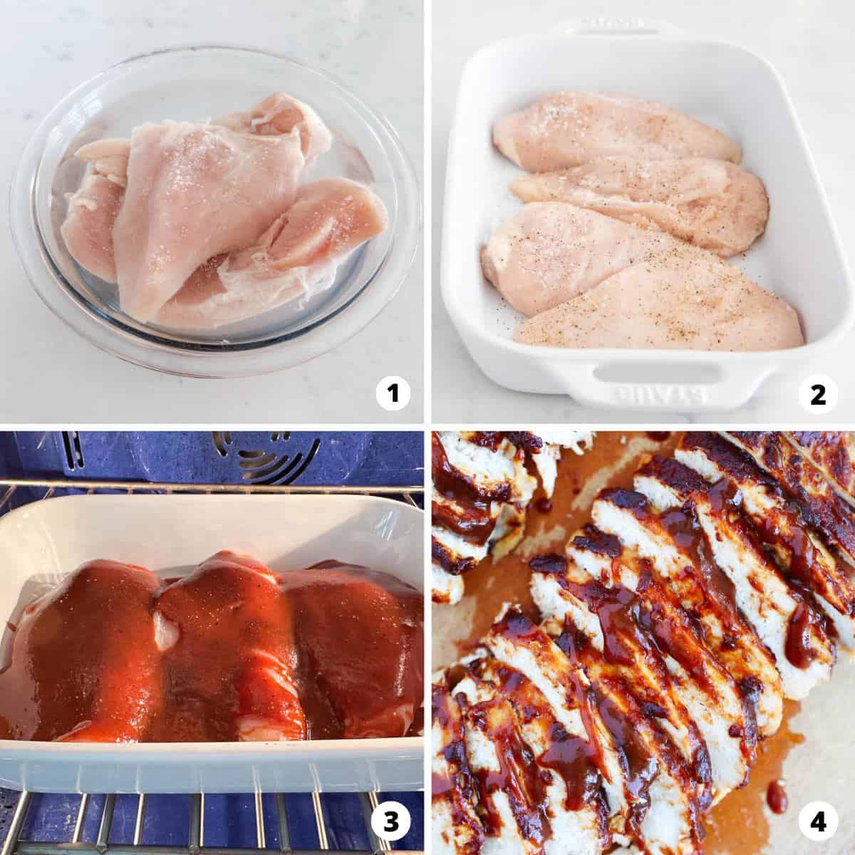 Showing how to bake bbq chicken in a 4 step collage. 