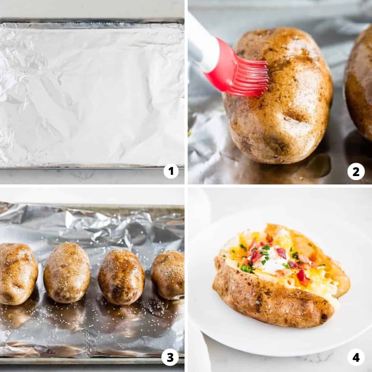 A photo collage showing step by step how to make a loaded baked potato.