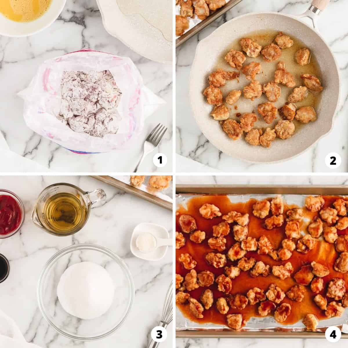 A step by step photo collage of how to make sweet and sour chicken.