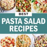 A collage of photos with pasta salad recipes.