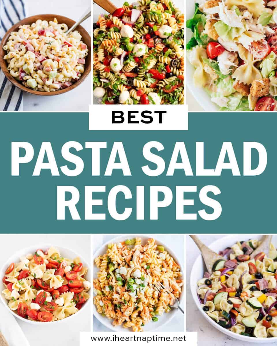 A collage of photos with pasta salad recipes.