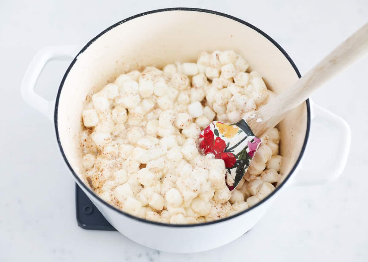 Brown butter rice krispie treats ingredients in pot.