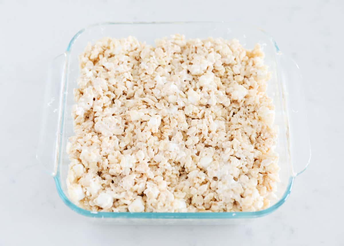 Brown butter rice krispie treats in pan.