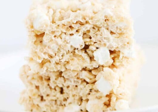 brown butter rice krispie treats on white plate