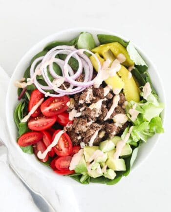 burger salad in white bowl