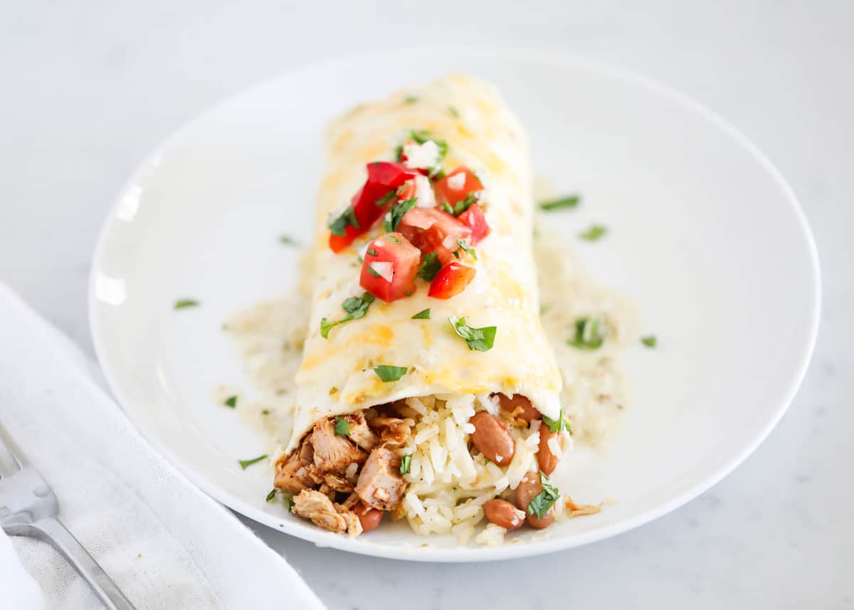 Chicken burrito on white plate.