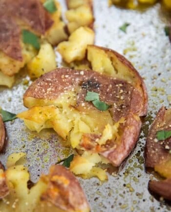 smashed potatoes on pan