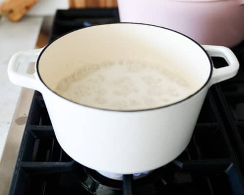 rice and coconut milk in white pot cooking