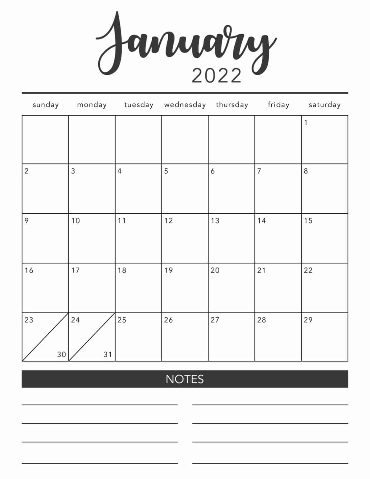 Printable Monthly Calendar Free 2022