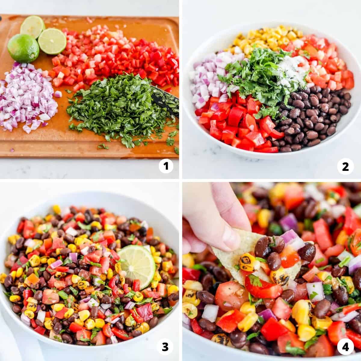 Step by step photo collage showing how to make black bean salsa.