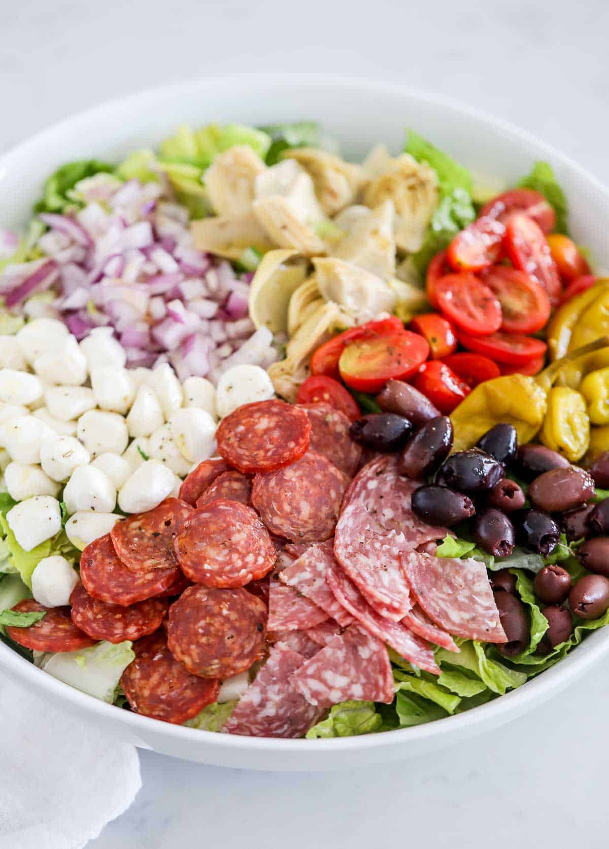 Antipasto salad in bowl.