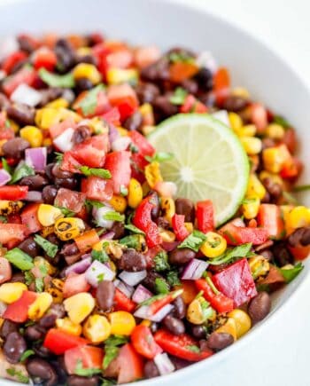 black bean salsa in white bowl