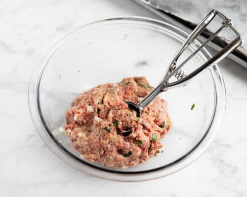 meat mixture in bowl being scooped out