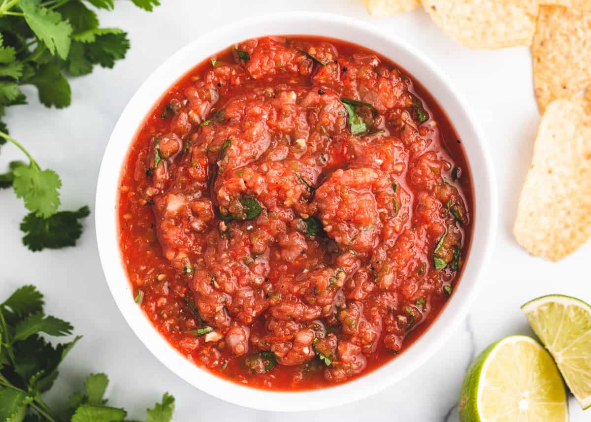Roasted salsa in a white bowl.
