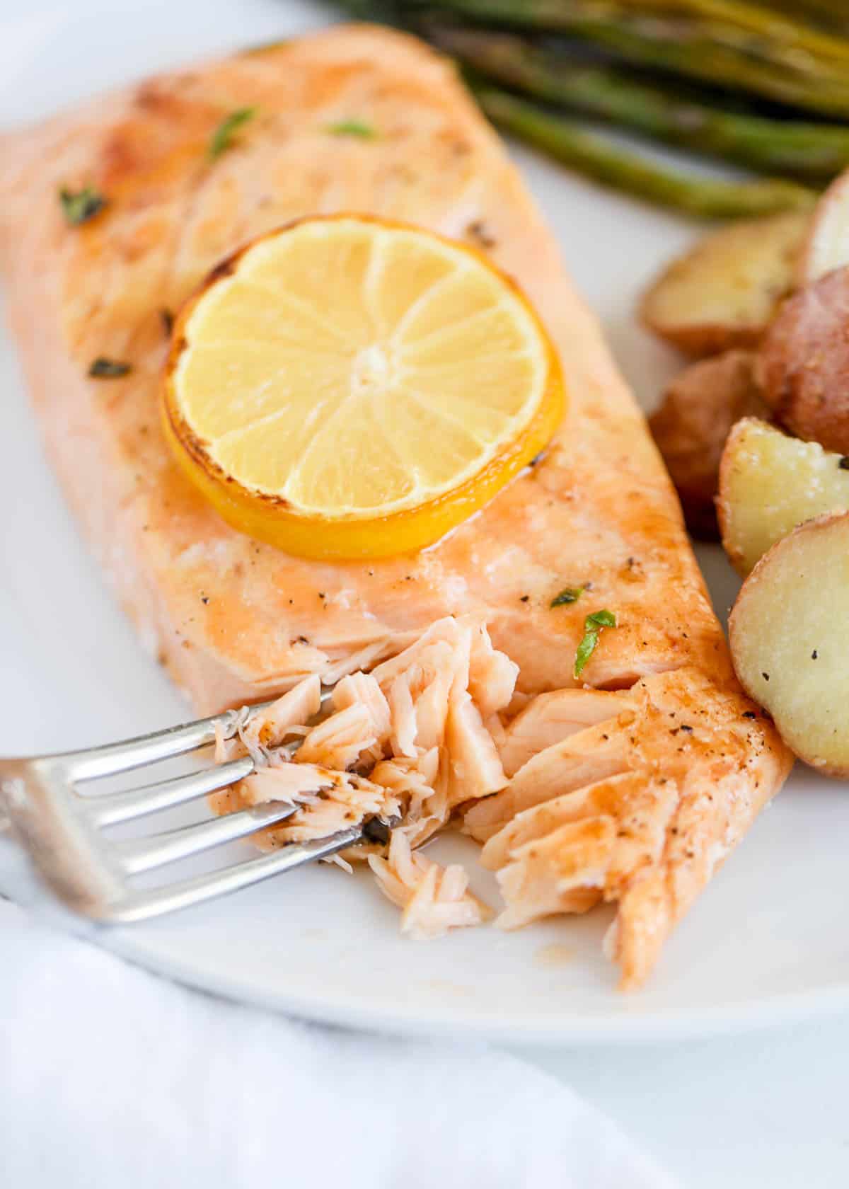 Fork with salmon on white plate.