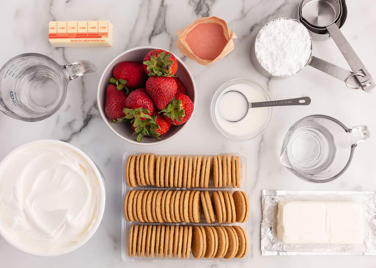 Strawberry lasagna ingredients on counter.