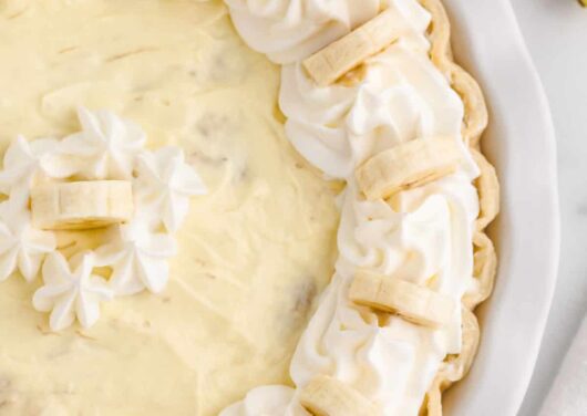 close up of banana cream pie