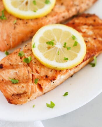 grilled salmon on white plate