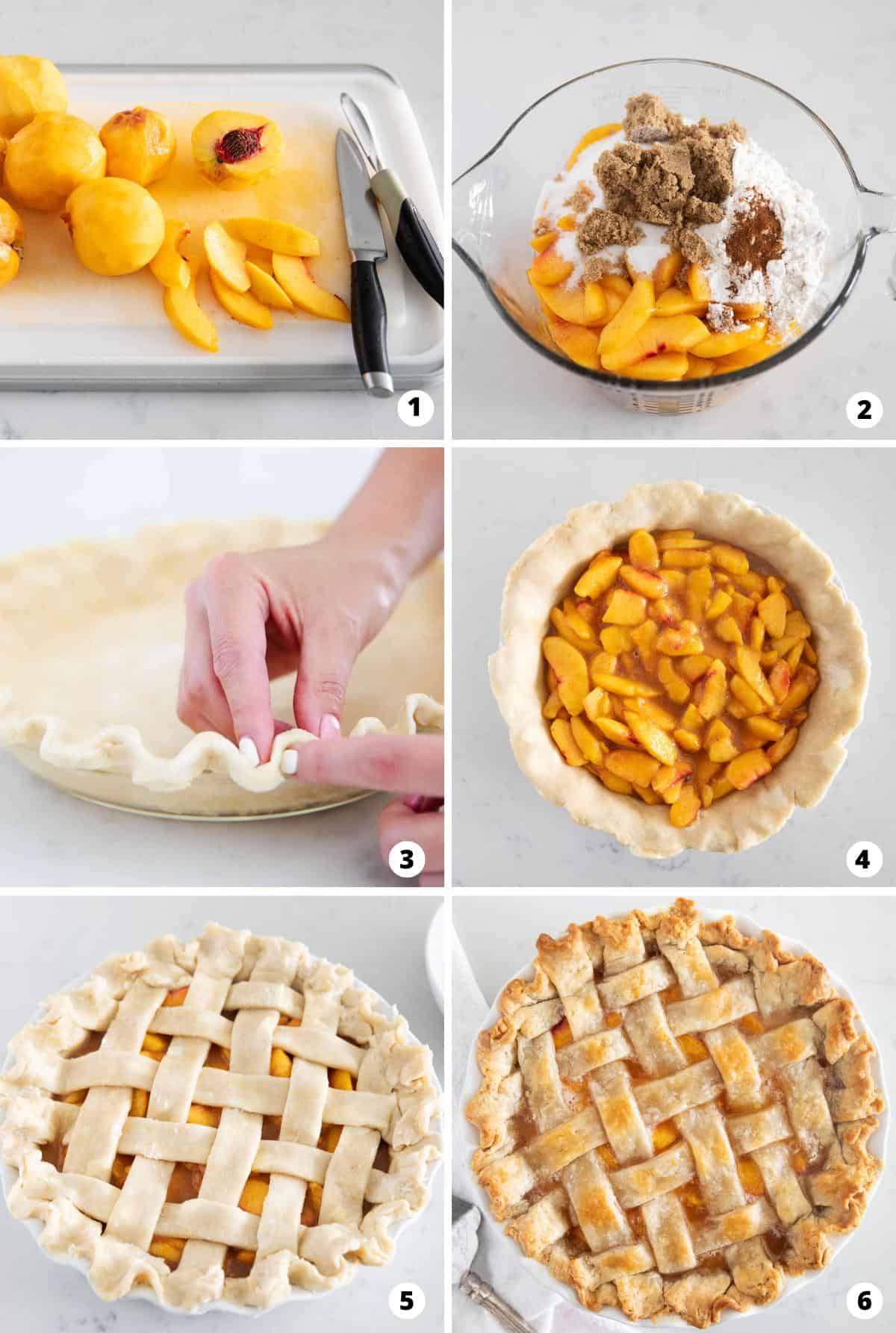 Showing how to make peach pie in a 6 step collage.