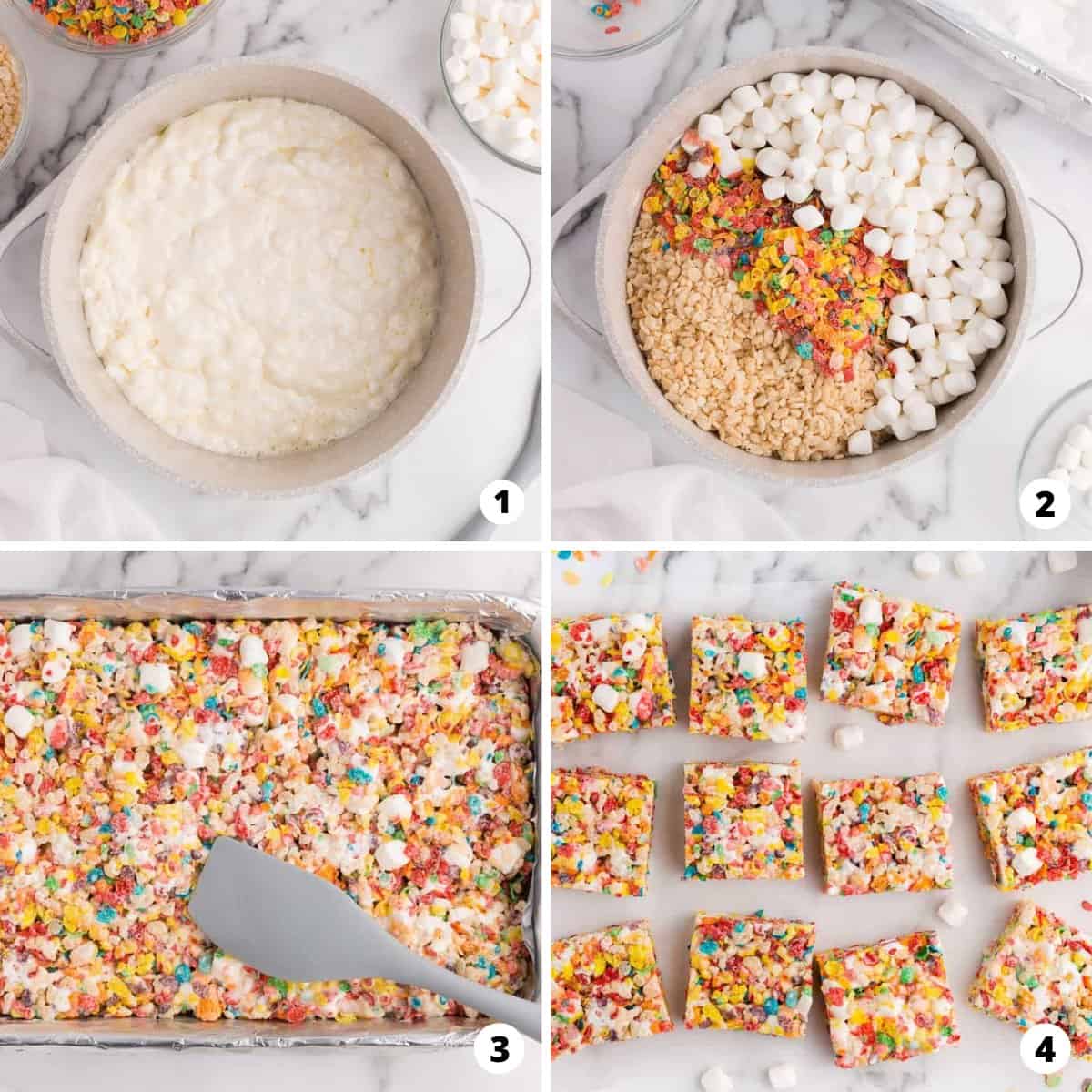 Step by step photo collage of how to make fruity pebbles treats.
