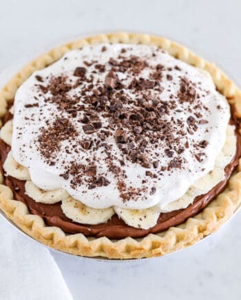 chocolate banana cream pie on counter