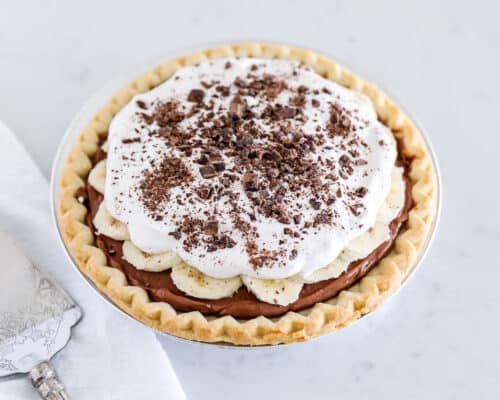 chocolate banana cream pie on counter